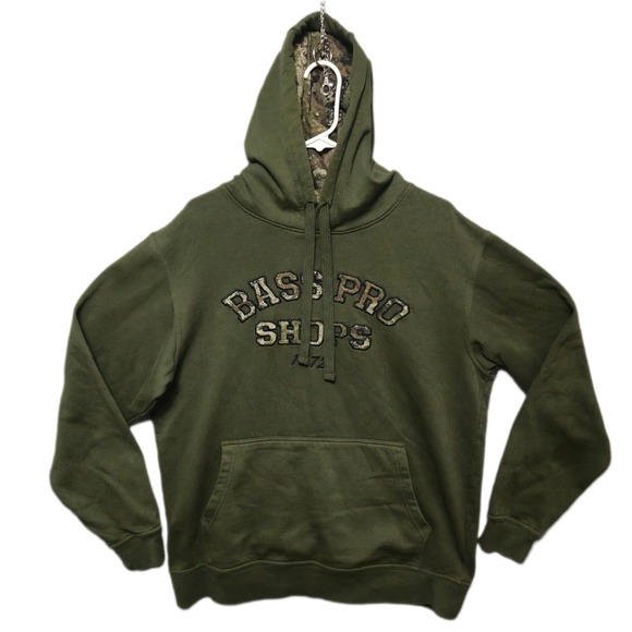 Bass Pro Shops Other - Bass Pro Shops Mens Medium Olive Green Camo Logo Pullover Hoodie Drawstring